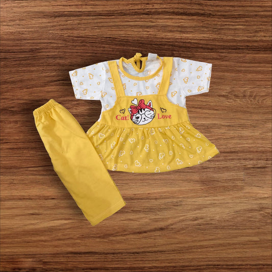 Baby Girl Frock Cat Love (1 to 6 months) Yellow