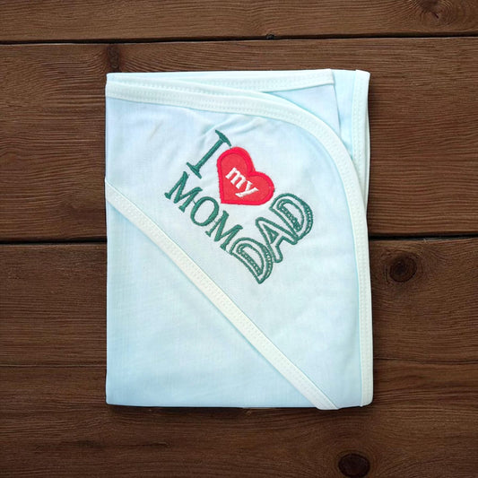 New Born baby Wrapping Sheet I Love momdad Blue