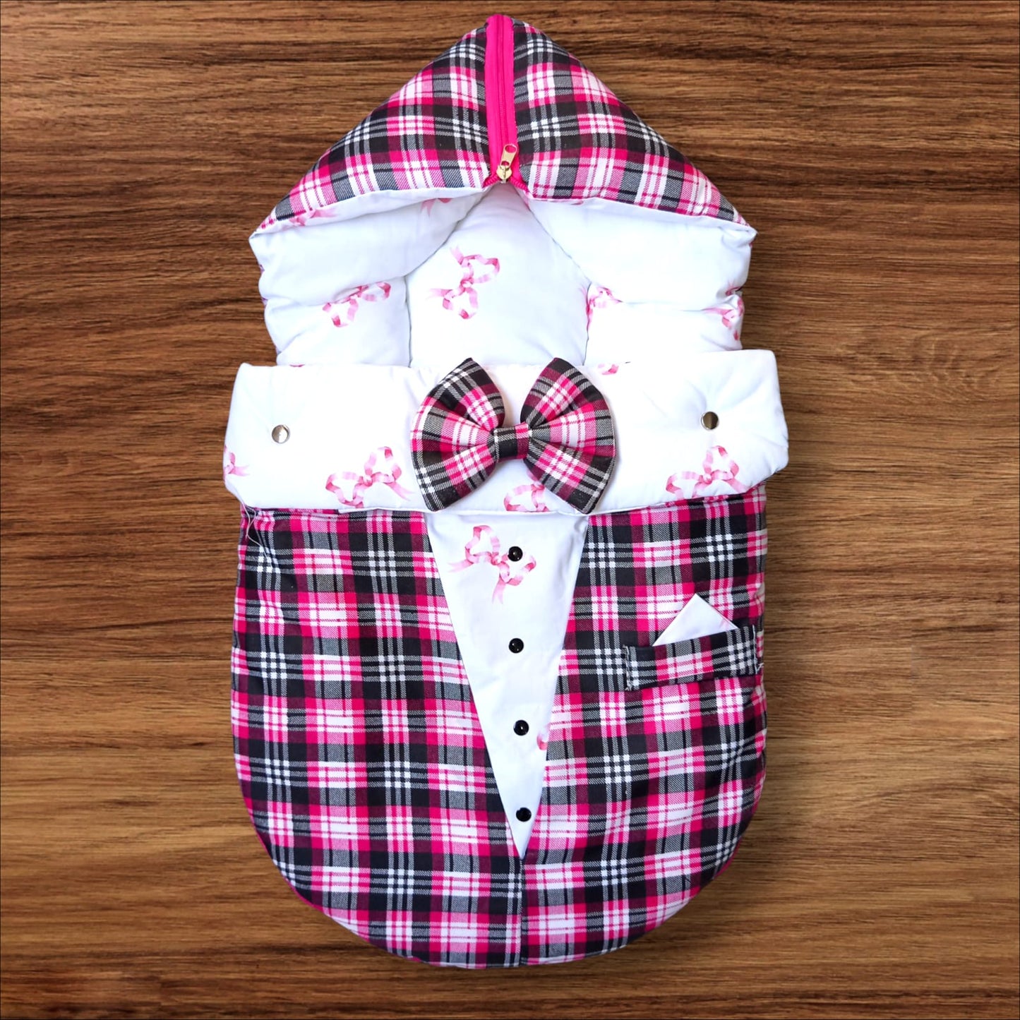 Baby Carry Nest Check Bow Pink